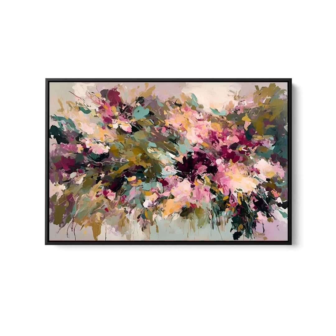 A framed stretched canvas print of wild acres floral abstract with vibrant pink purple and green brushstrokes on beige