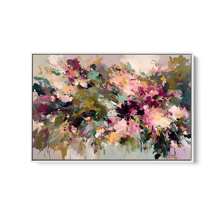 Wild Acres floral abstract rectangular stretched canvas print with vibrant pink purple and green brushstrokes on beige