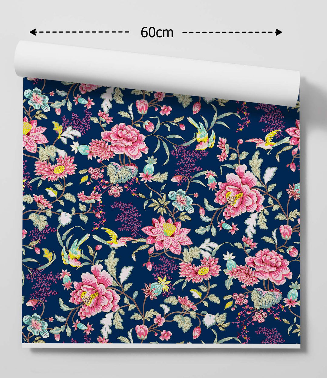 A roll of wild garden bold blue and pink asian inspired wallpaper with navy floral pattern and delicate birds