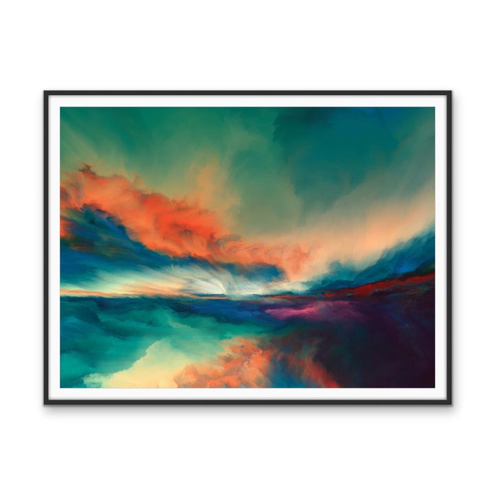 A framed abstract surreal art print on stretched canvas featuring swirling teal orange and purple clouds over ocean