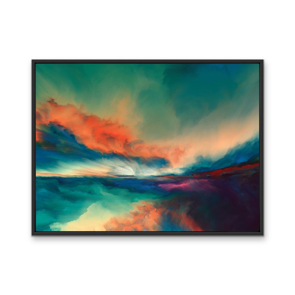 A framed abstract wild skies art print on stretched canvas featuring swirling teal orange and purple clouds against sky