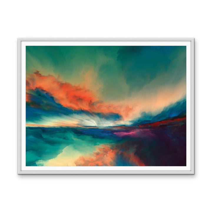 A framed abstract landscape painting on stretched canvas with swirling orange teal and deep blue clouds titled Wild Skies
