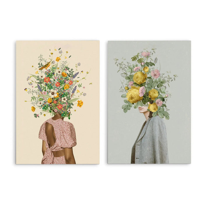 Wildflower bouquet and Yellow bouquet by Frida Floral Studio - Two Piece Stretched Canvas or Art Print Set Diptych I Heart Wall Art Australia 