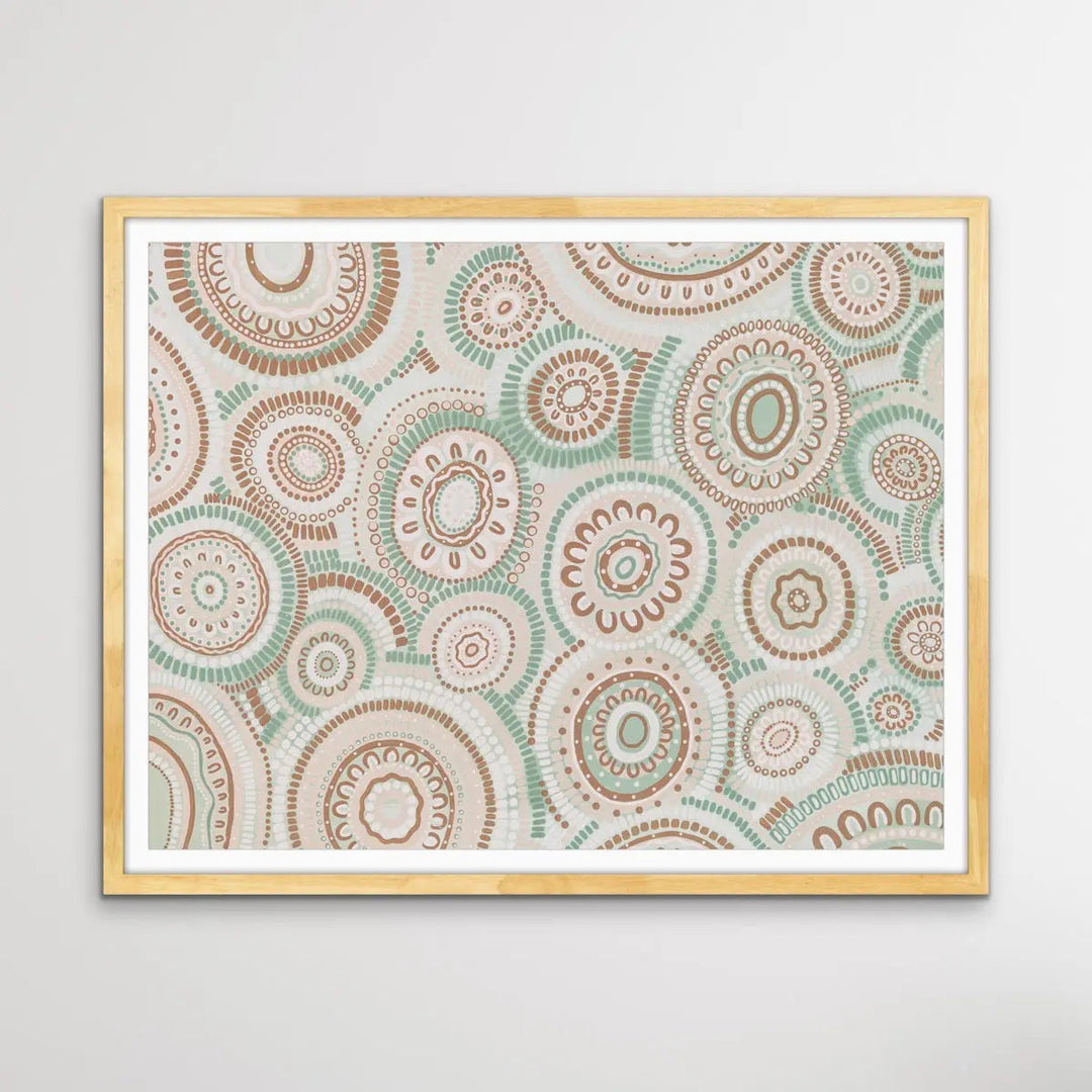 Wildflowers Blooming Gathering - Green  Aboriginal Art Print By Leah Cummins I Heart Wall Art Australia 