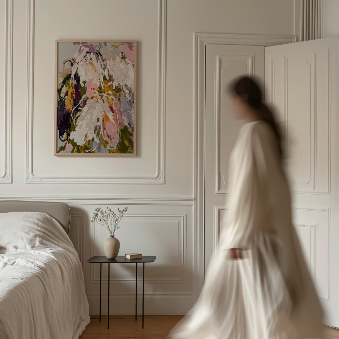 Willow abstract floral stretched canvas print featuring a soft flowing white gown with a long loose silhouette