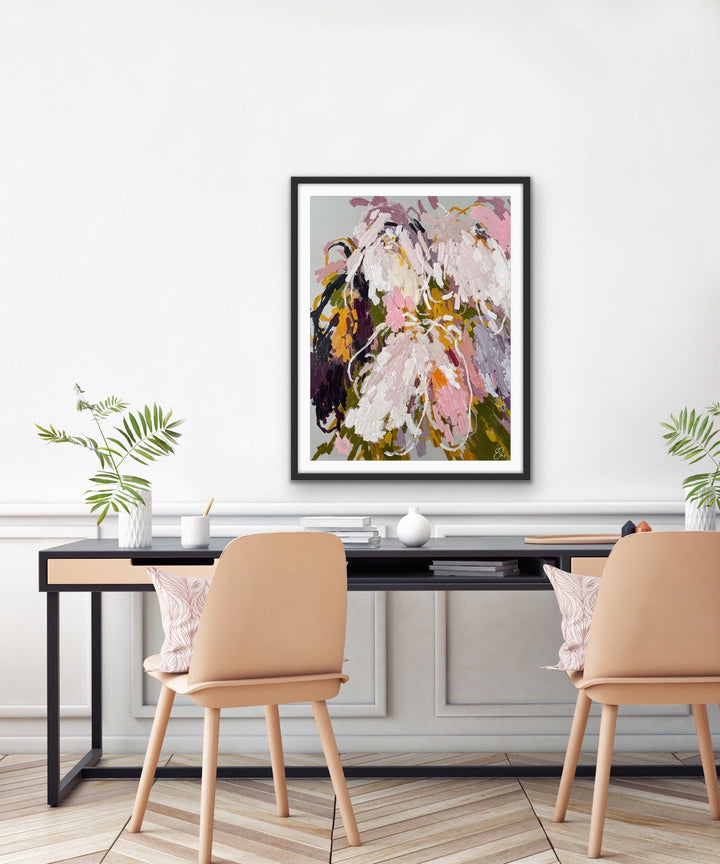 Willow abstract floral framed fine art print with soft pink white and green brushstrokes on stretched canvas
