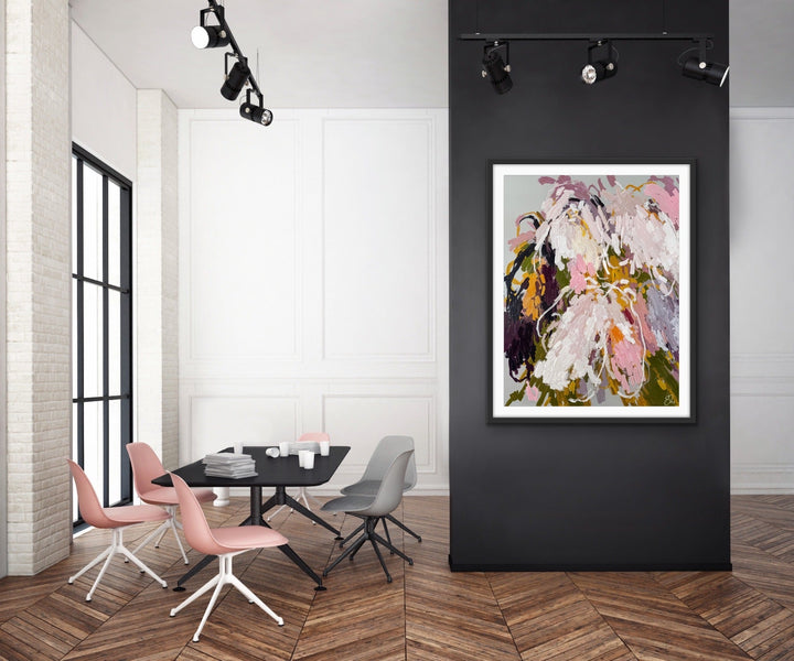 A framed willow abstract floral canvas print with soft pink white and green brushstrokes on gray background