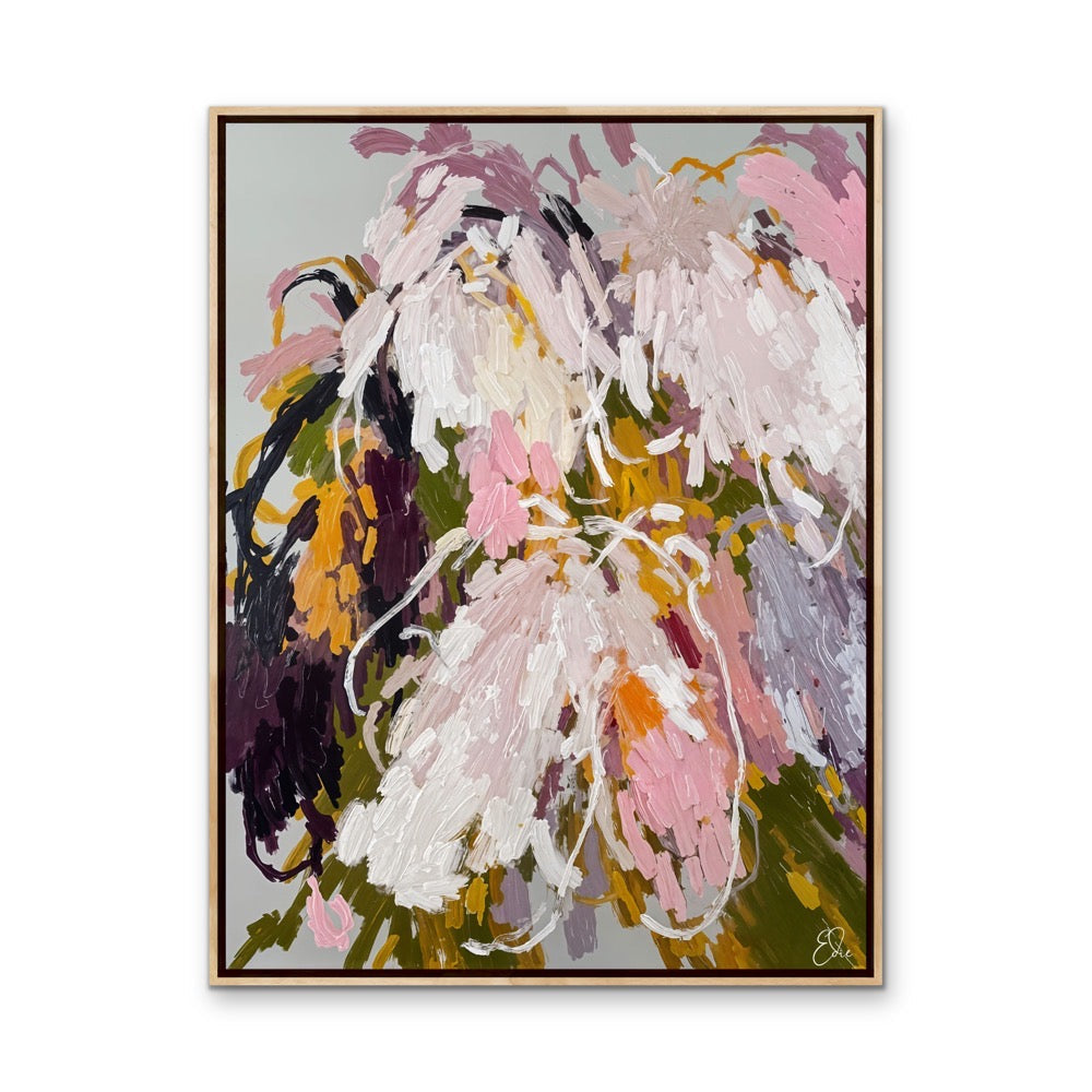 Willow abstract floral stretched canvas print with bold pink white yellow and green brushstrokes in light wood frame