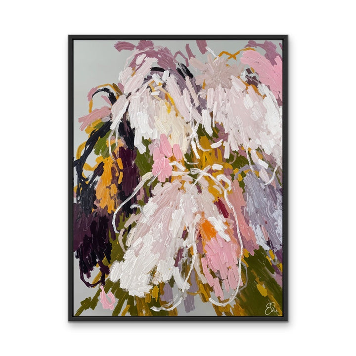 Willow abstract floral stretched canvas print with bold pink white yellow and green brushstrokes in black frame