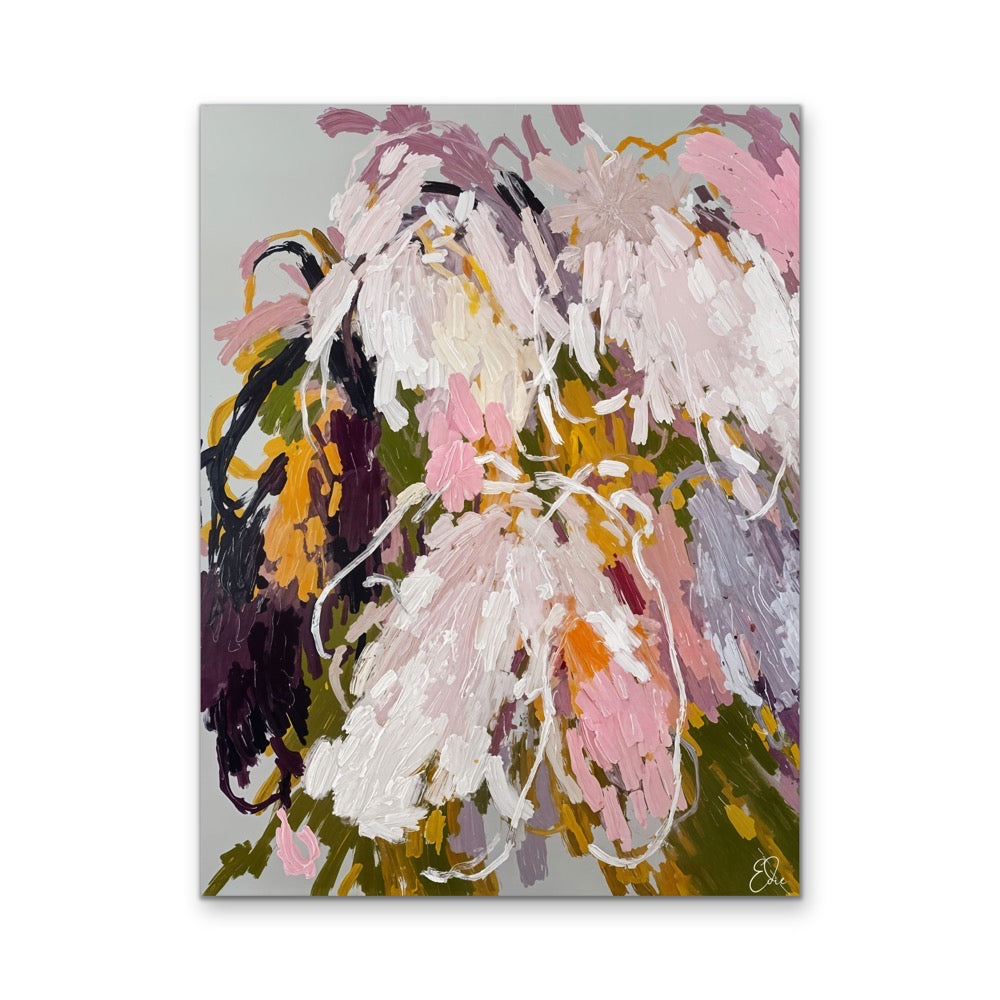 Willow abstract floral stretched canvas print with bold textured brushstrokes in pink white and muted purple on gray background