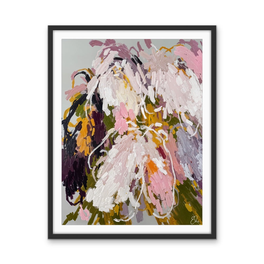 Willow abstract floral stretched canvas print with bold pink white and green brushstrokes in a black frame