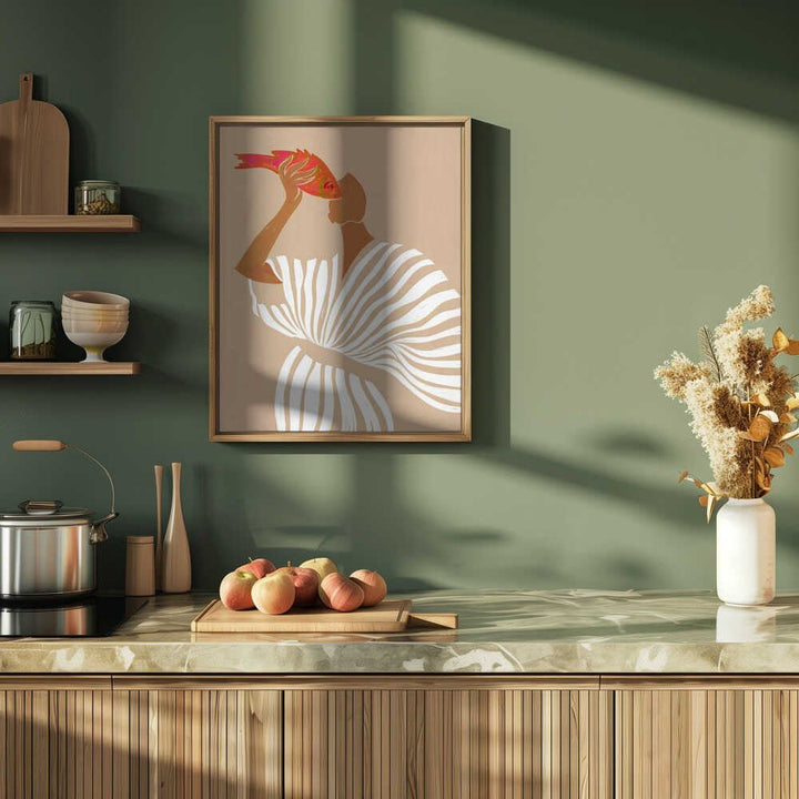 Woman Admires Fish - Stretched Canvas, Poster or Fine Art Print - I Heart Wall Art - Poster Print, Canvas Print or Framed Art Print