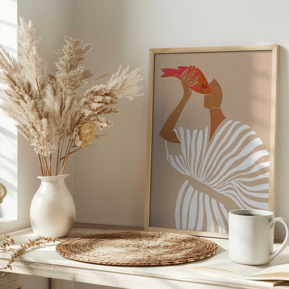 Woman Admires Fish - Stretched Canvas, Poster or Fine Art Print - I Heart Wall Art - Poster Print, Canvas Print or Framed Art Print