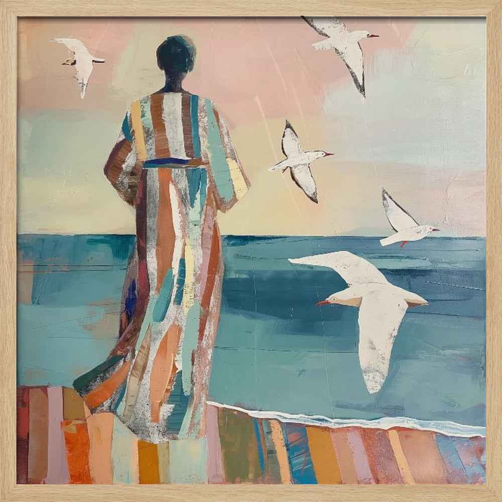 Woman and Seagull - Square Stretched Canvas, Poster or Fine Art Print I Heart Wall Art