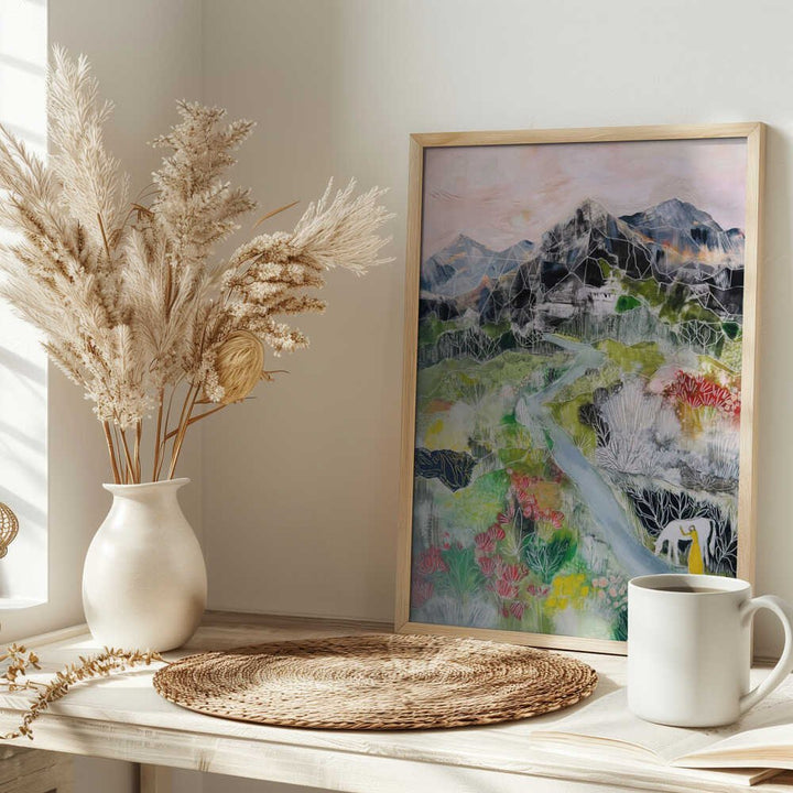 Woman Cow Mountain Valley - Stretched Canvas, Poster or Fine Art Print - I Heart Wall Art - Poster Print, Canvas Print or Framed Art Print