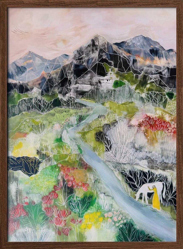 Woman Cow Mountain Valley - Stretched Canvas, Poster or Fine Art Print - I Heart Wall Art - Poster Print, Canvas Print or Framed Art Print
