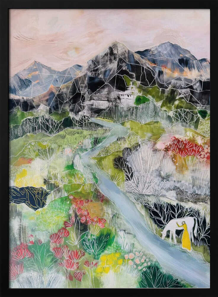 Woman Cow Mountain Valley - Stretched Canvas, Poster or Fine Art Print - I Heart Wall Art - Poster Print, Canvas Print or Framed Art Print