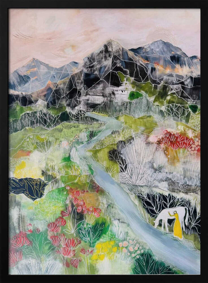 Woman Cow Mountain Valley - Stretched Canvas, Poster or Fine Art Print - I Heart Wall Art - Poster Print, Canvas Print or Framed Art Print