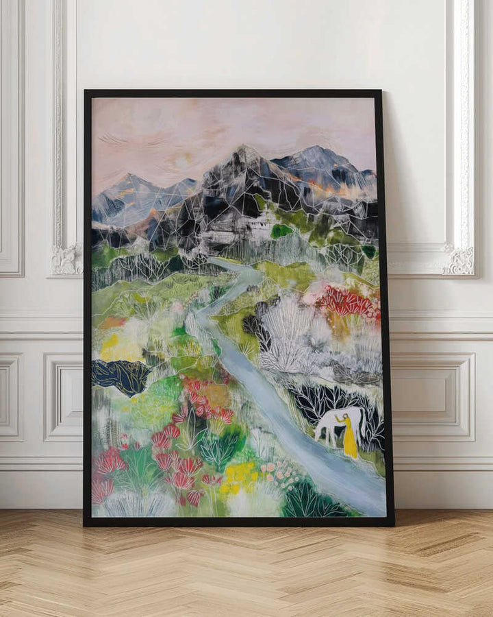 Woman Cow Mountain Valley - Stretched Canvas, Poster or Fine Art Print - I Heart Wall Art - Poster Print, Canvas Print or Framed Art Print