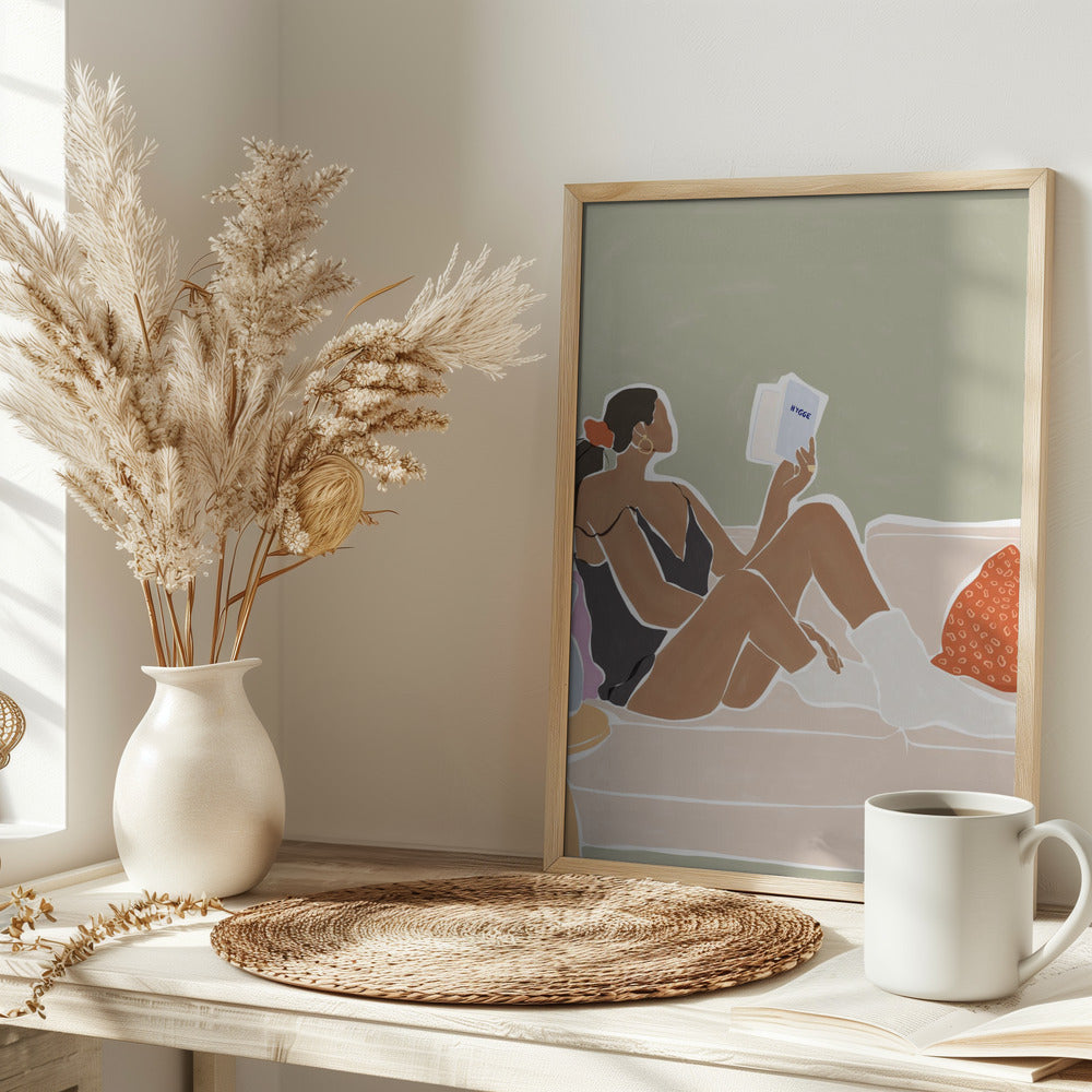 Woman Enjoying a Great Hygge Book - Stretched Canvas, Poster or Fine Art Print I Heart Wall Art