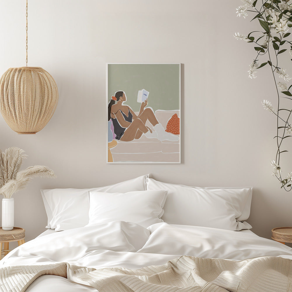 Woman Enjoying a Great Hygge Book - Stretched Canvas, Poster or Fine Art Print I Heart Wall Art