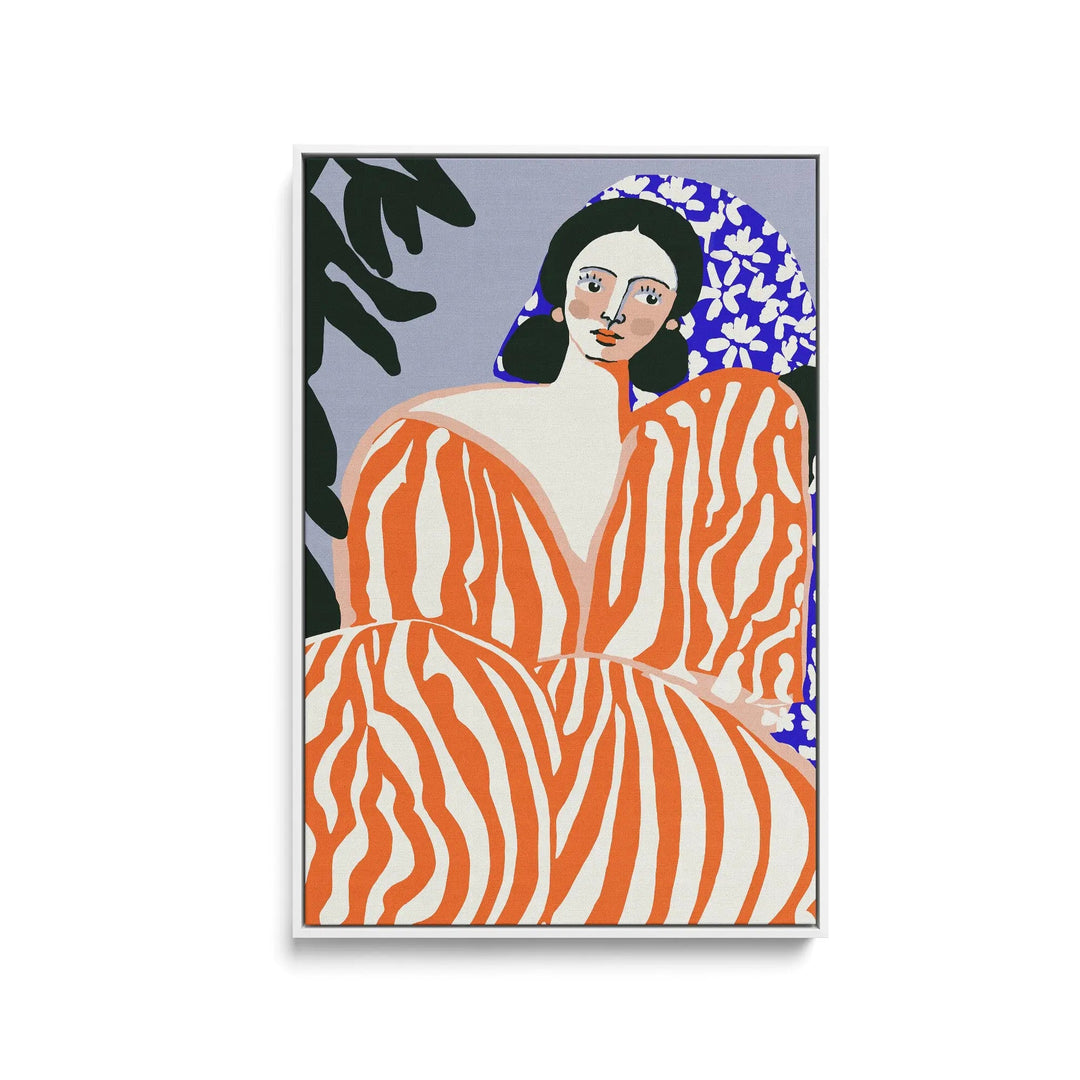 A vibrant orange and white striped contemporary art print of a stylized woman by Bea Muller in bold graphic design