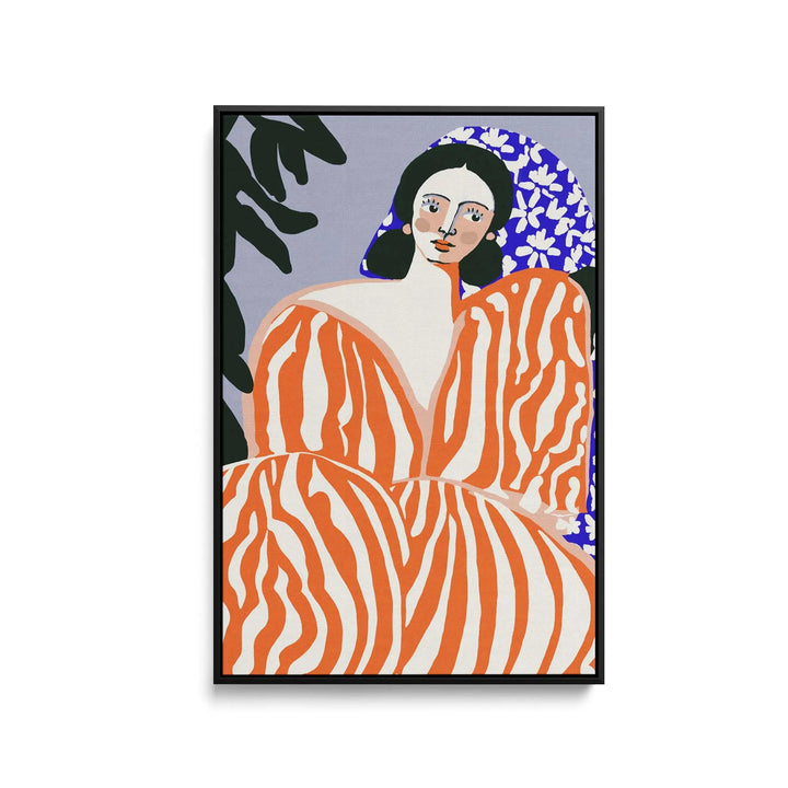 A framed contemporary art print of a stylized woman in an orange and white striped suit with blue floral background