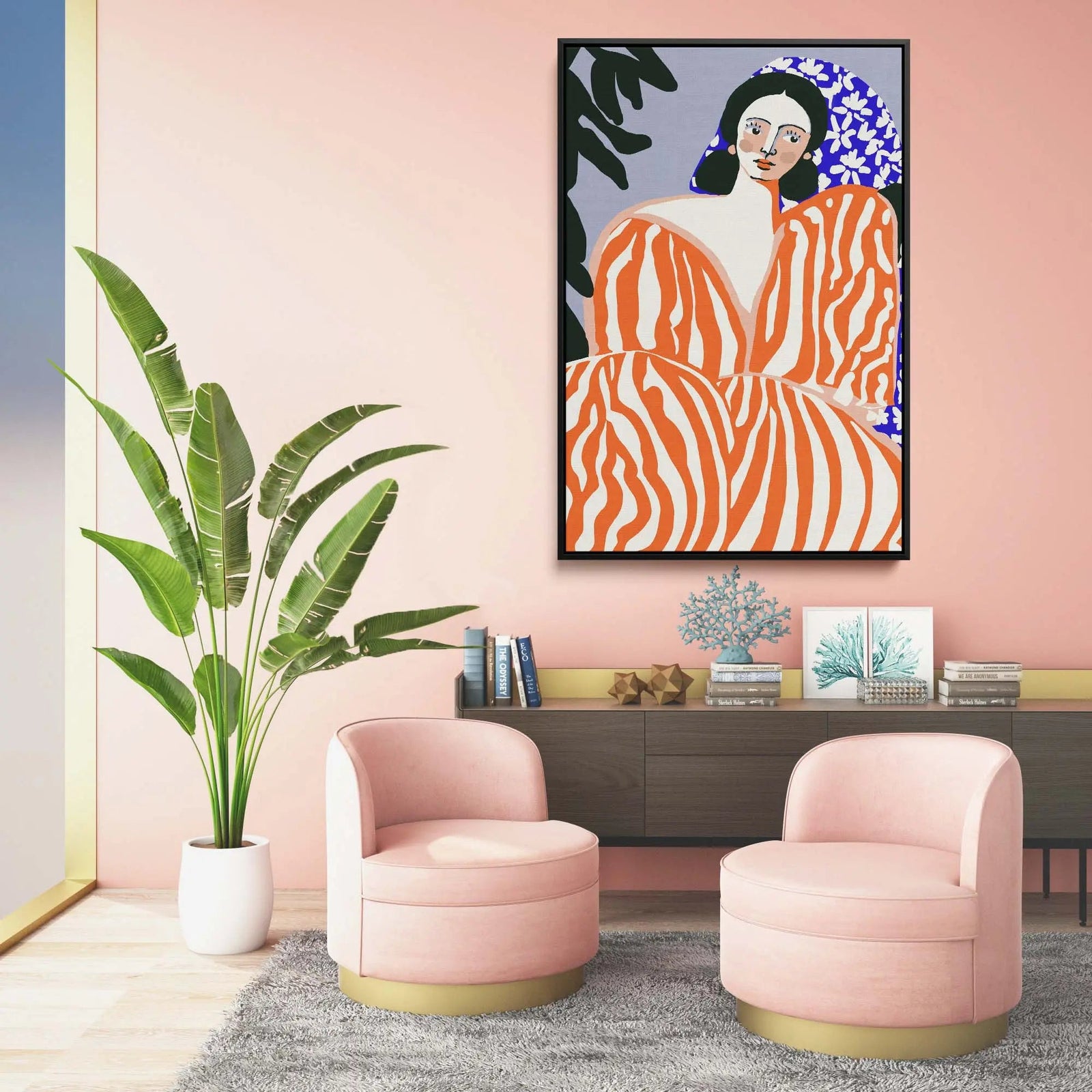 A framed contemporary art print of a stylized woman in an orange and white striped dress against a blue floral background