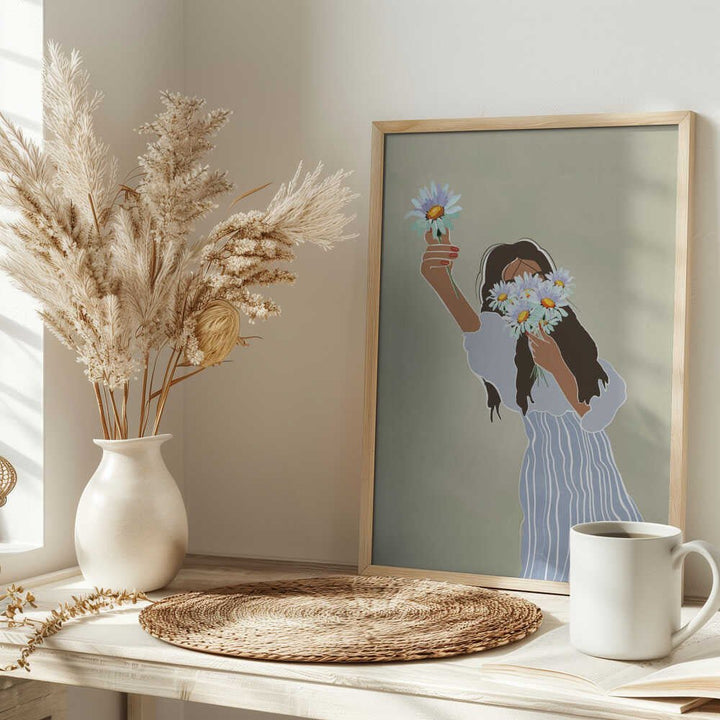 Woman With Fresh Daisies - Stretched Canvas, Poster or Fine Art Print - I Heart Wall Art - Poster Print, Canvas Print or Framed Art Print