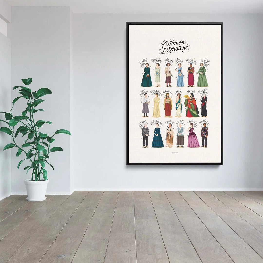 A framed fine art print titled women of literature by nour tohme featuring colorful illustrated portraits of authors