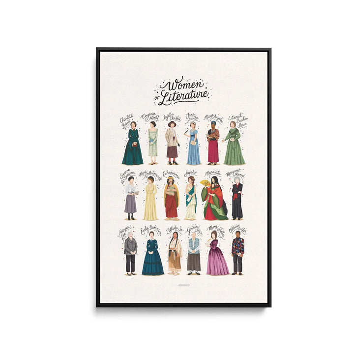 A framed fine art print of women of literature by Nour Tohme with vibrant colors and period costume portraits