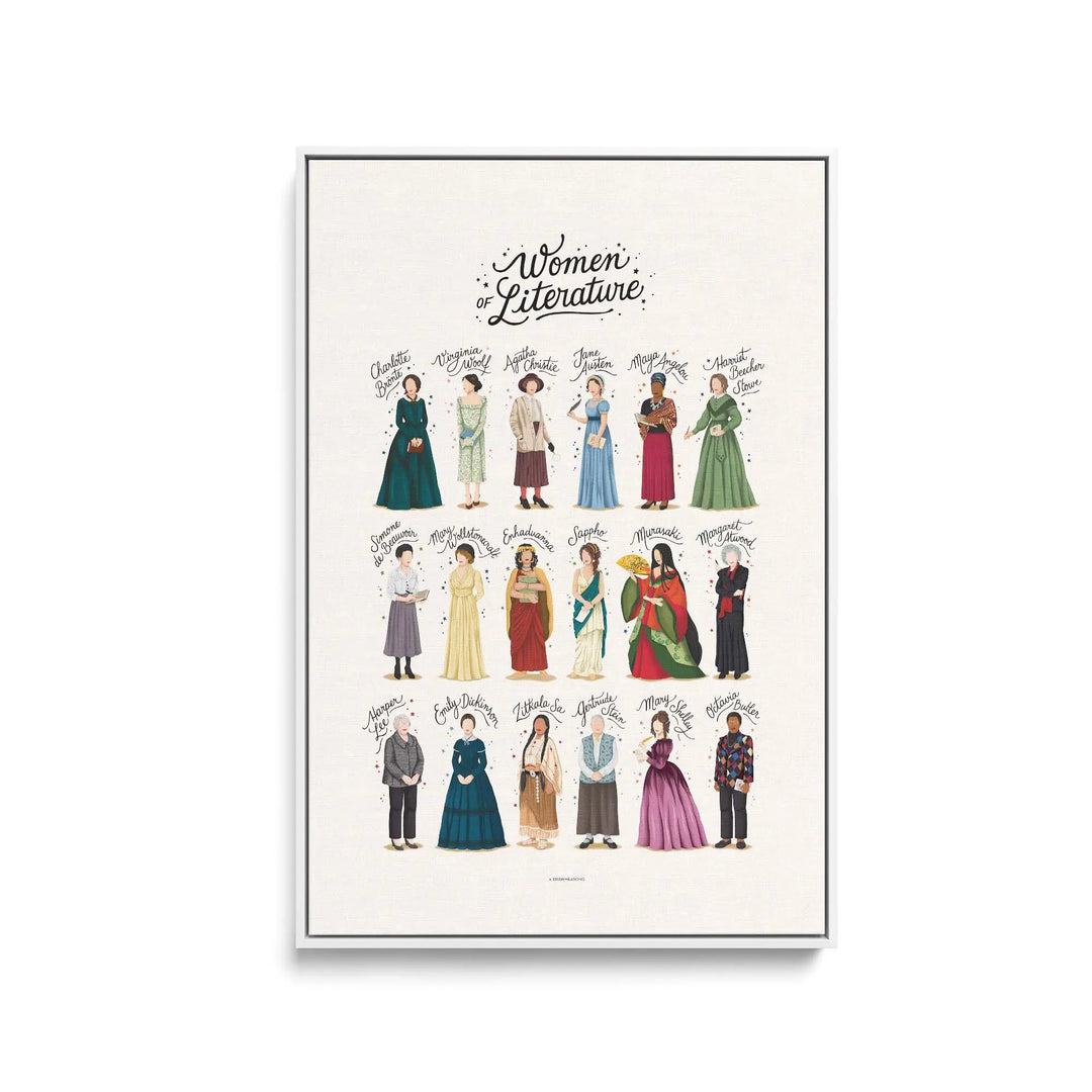 Framed fine art print women of literature by nour tohme featuring illustrated portraits of famous female authors