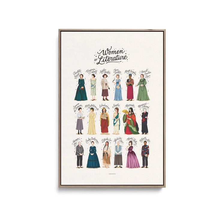 A framed fine art print titled women of literature by nour tohme featuring stylized female authors in period attire