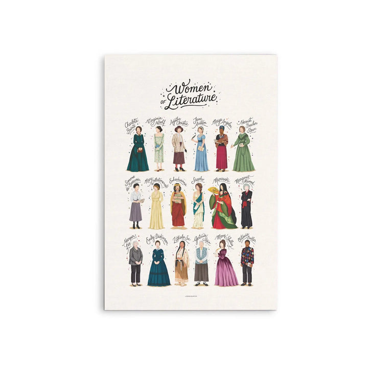 A cream-colored stretched canvas print featuring stylized illustrations of famous women writers by Nour Tohme