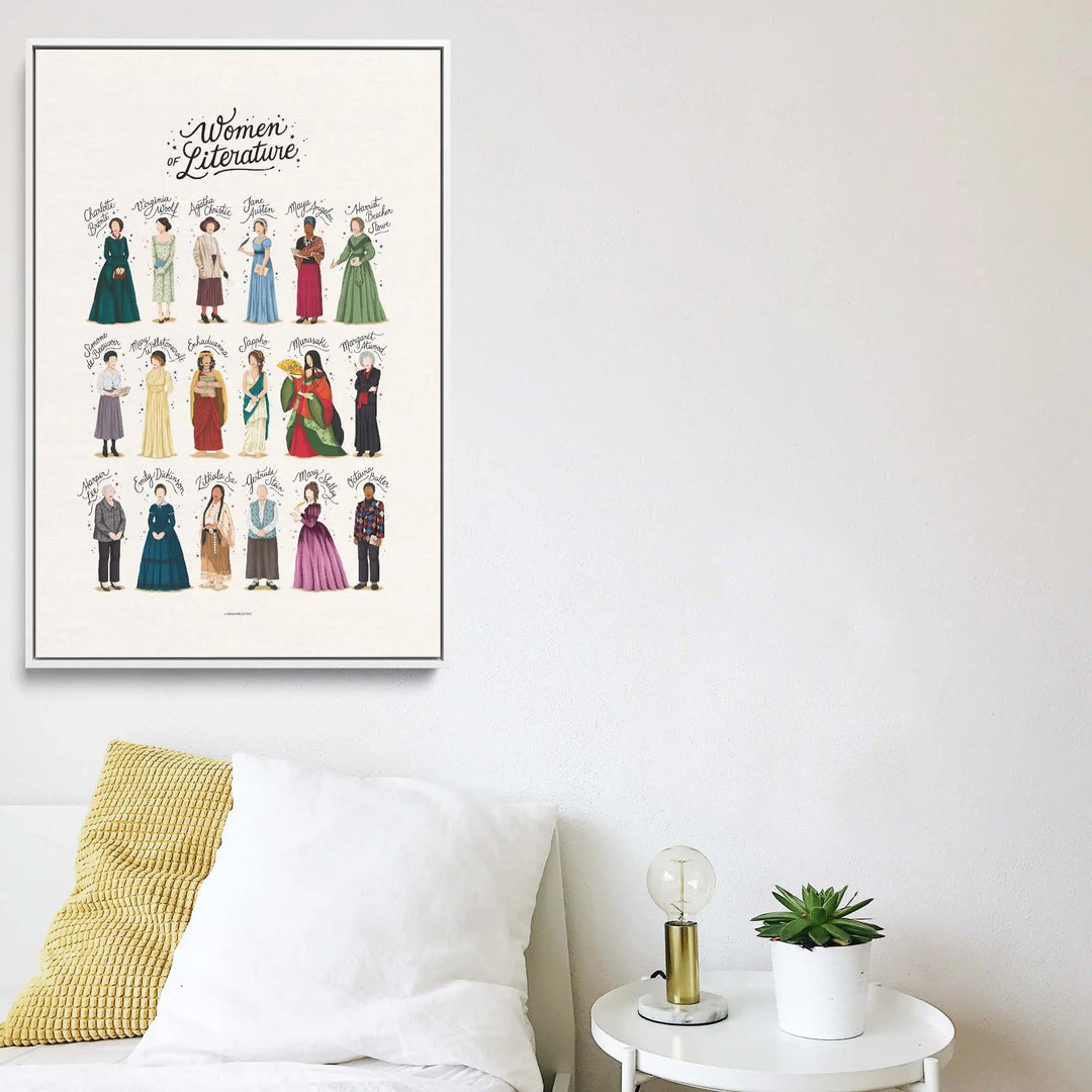 Framed fine art print women of literature by nour tohme with colorful illustrated portraits in period attire