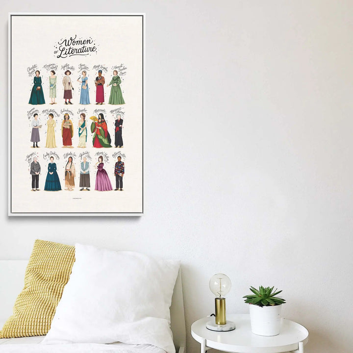 Framed fine art print women of literature by nour tohme with colorful illustrated portraits in period attire