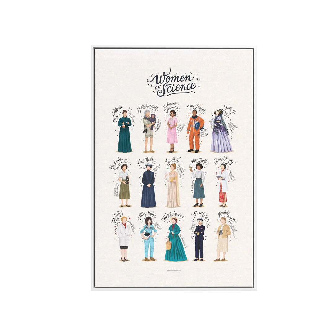 A framed women of science illustration poster by Nour Tohme featuring colorful historical female scientists in period attire