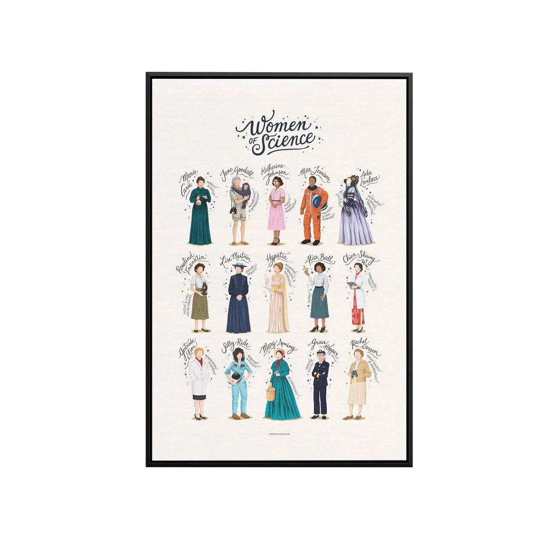 A framed women of science illustration poster by nour tohme featuring 15 notable female scientists in period attire