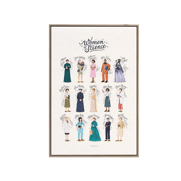 Framed illustration poster featuring labeled portraits of notable women in science in period attire by nour tohme