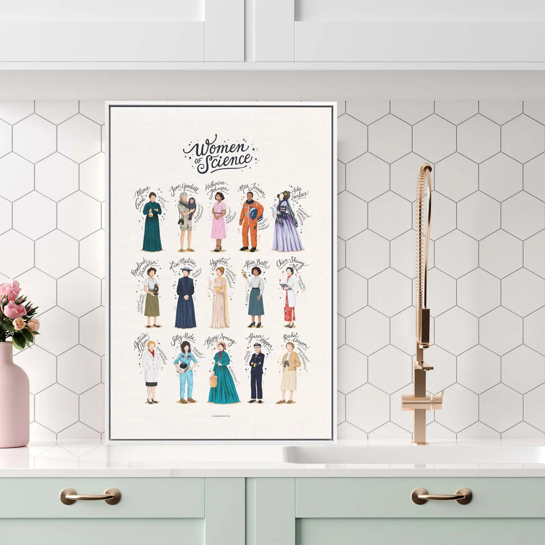 A framed women of science poster by nour tohme featuring vintage illustrated portraits on cream background
