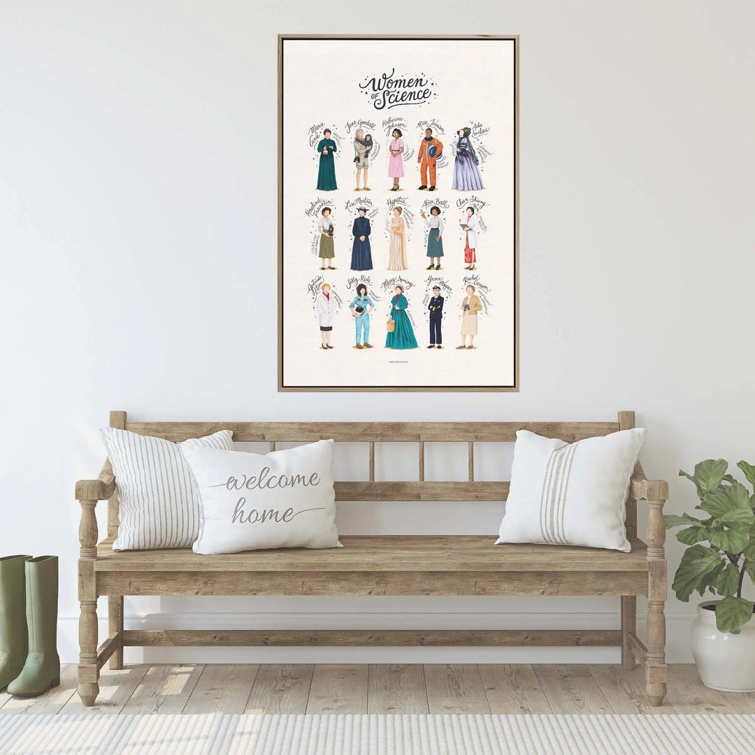 Framed women of science poster by nour tohme featuring illustrated portraits of historical female scientists above wooden bench