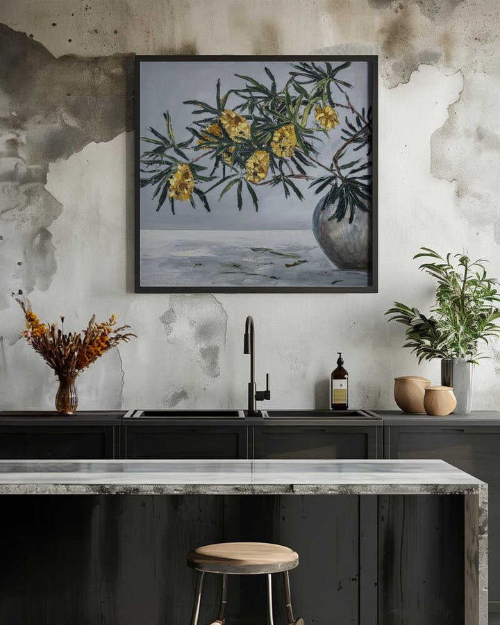 Yellow Banksia Still Life - Square Stretched Canvas, Poster or Fine Art Print by Angela Hawkey - I Heart Wall Art - Poster Print, Canvas Print or Framed Art Print