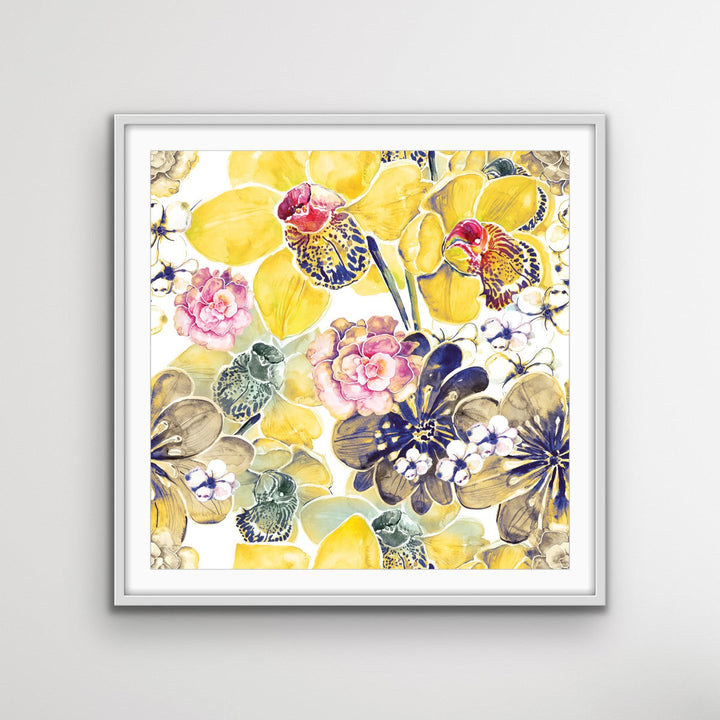 Yellow Orchids - Yellow Floral Canvas Wall Art Print With Grey and Red Tones - I Heart Wall Art