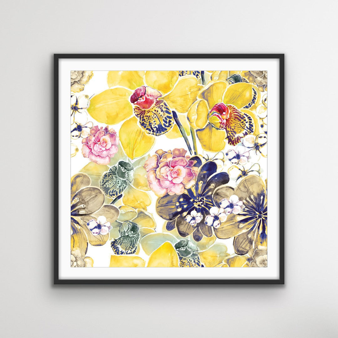 Yellow Orchids - Yellow Floral Canvas Wall Art Print With Grey and Red Tones - I Heart Wall Art