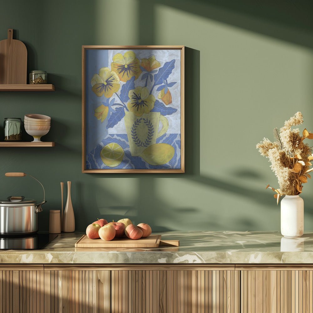 Yellow Pansies And Lemons - Stretched Canvas, Poster or Fine Art Print - I Heart Wall Art - Poster Print, Canvas Print or Framed Art Print