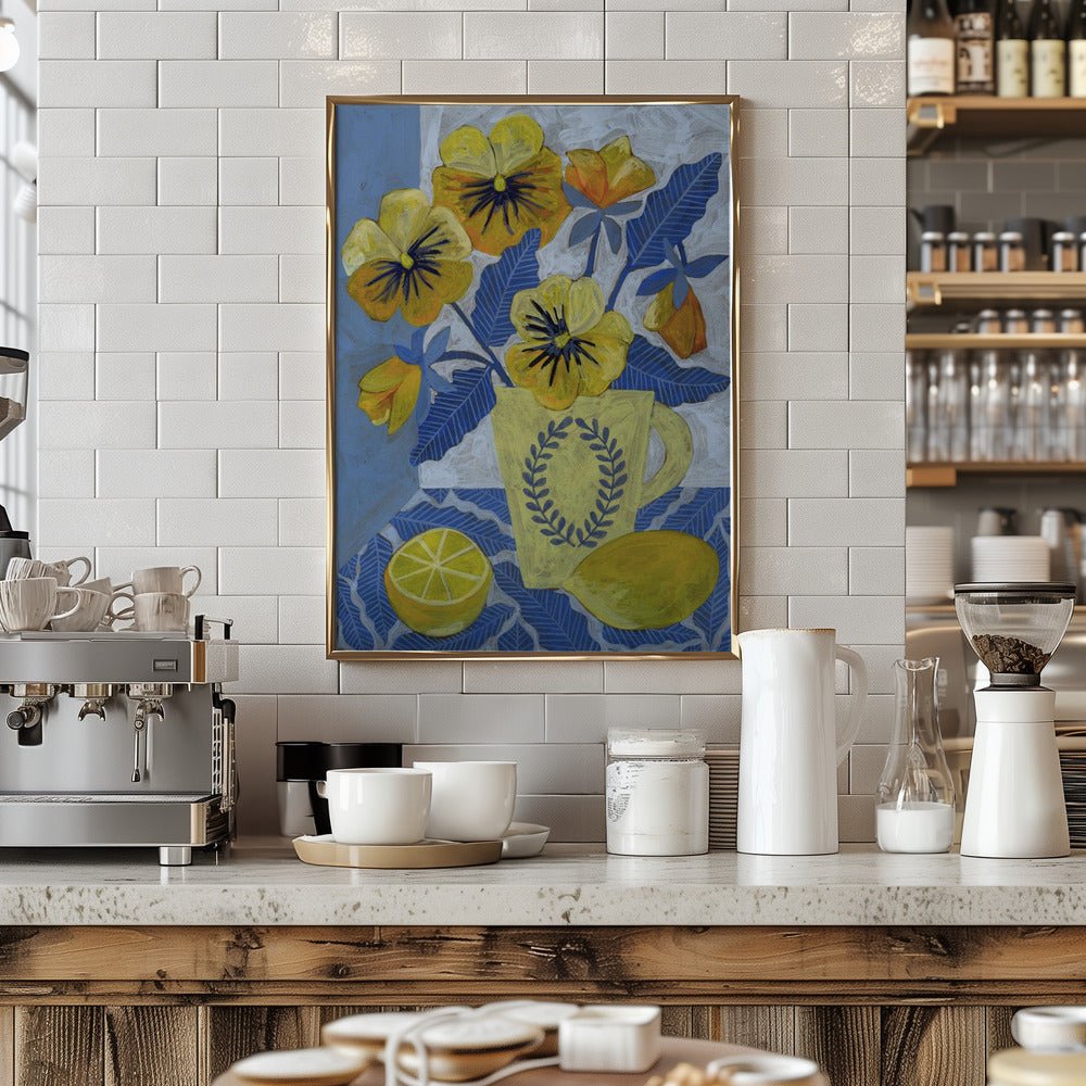 Yellow Pansies And Lemons - Stretched Canvas, Poster or Fine Art Print - I Heart Wall Art - Poster Print, Canvas Print or Framed Art Print