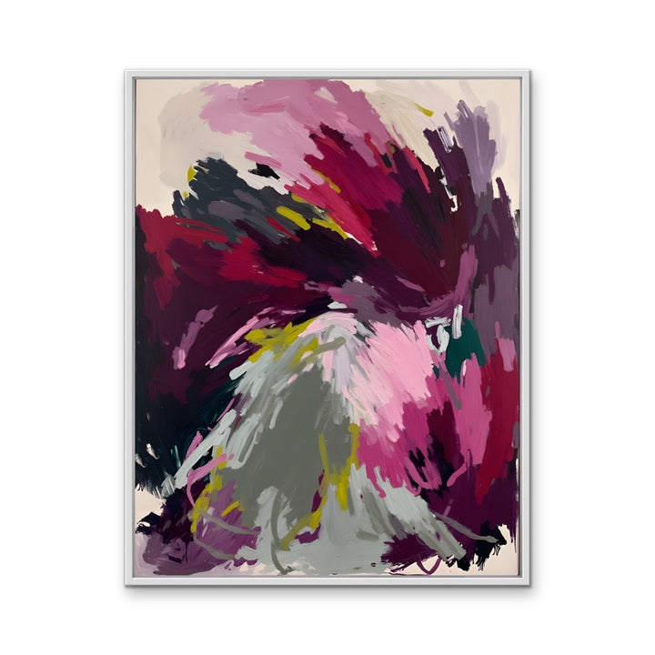 Yield colourful abstract artwork in a sleek silver frame with bold magenta red gray yellow and green brushstrokes on canvas