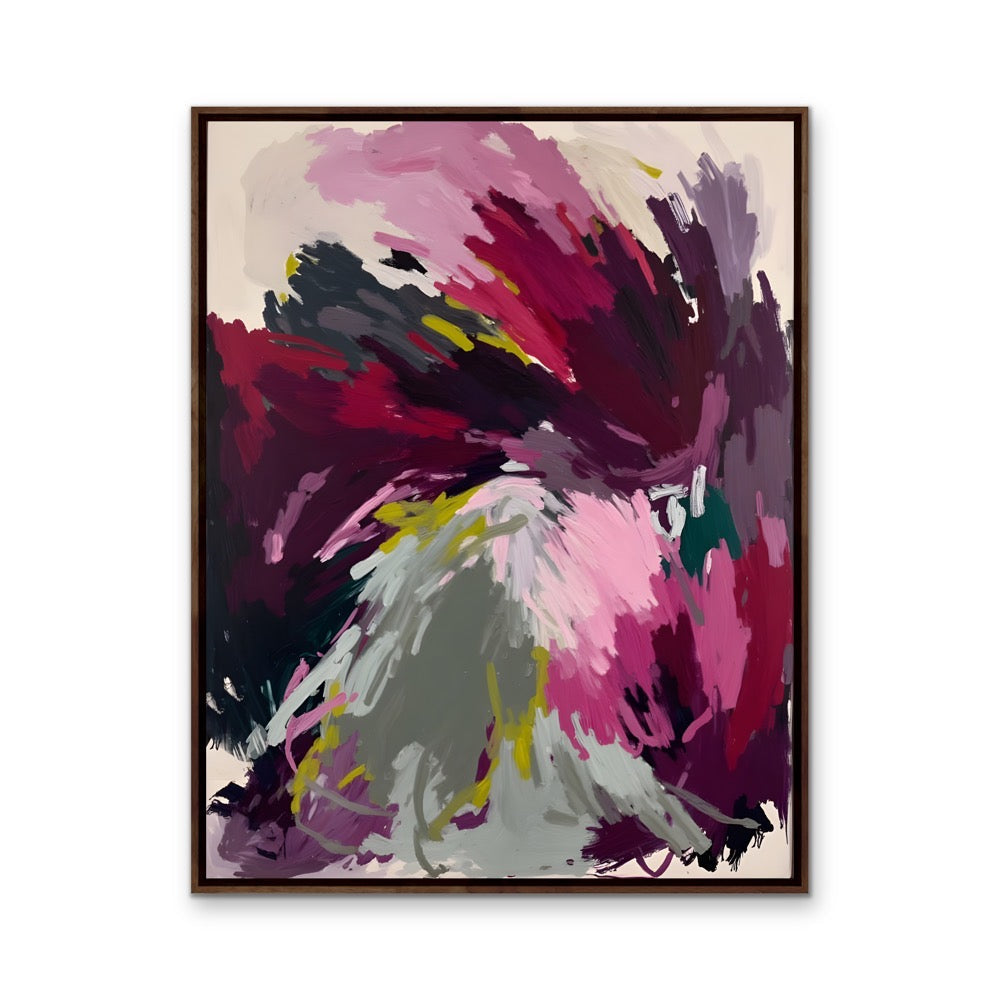 A framed abstract painting titled yield with bold magenta red gray and yellow brushstrokes on a light background