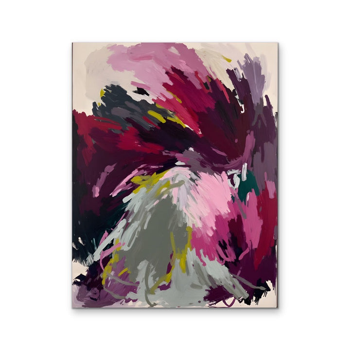 Yield colourful abstract artwork as stretched canvas or framed fine art print with magenta red gray and yellow brushstrokes