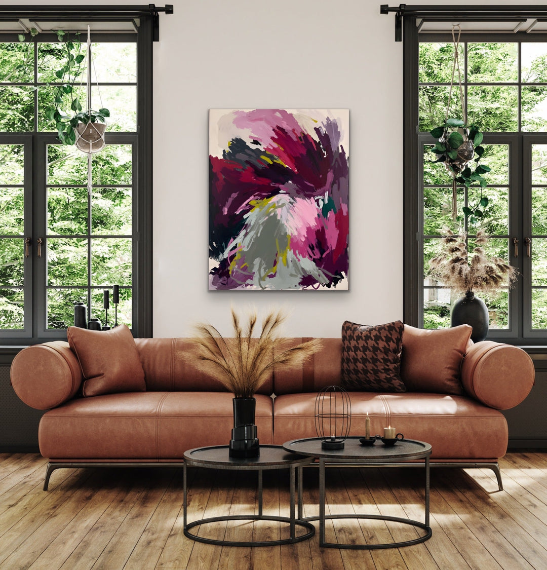 Vibrant abstract painting with bold magenta purple and gray strokes as stretched canvas or framed fine art print above sofa